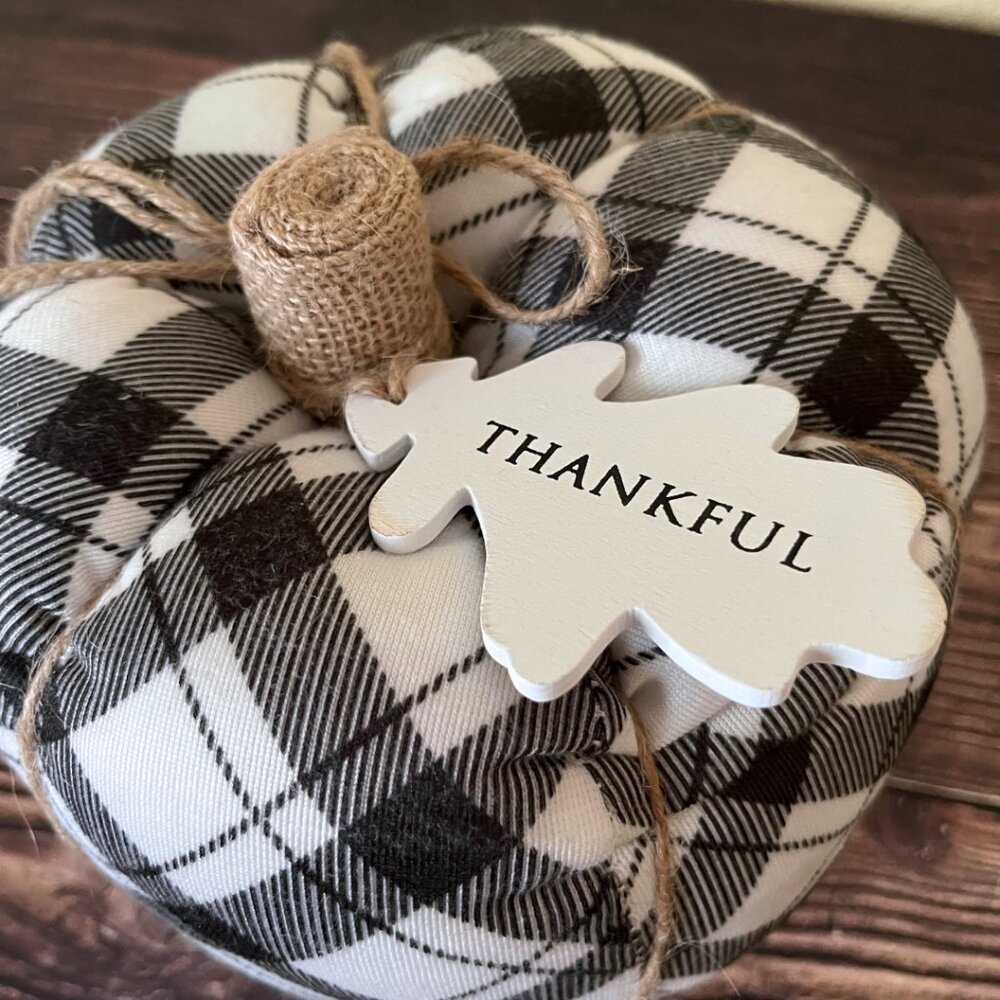 Puffy Fabric Black and White Plaid Pumpkin with wooden leaf THANKFUL tag